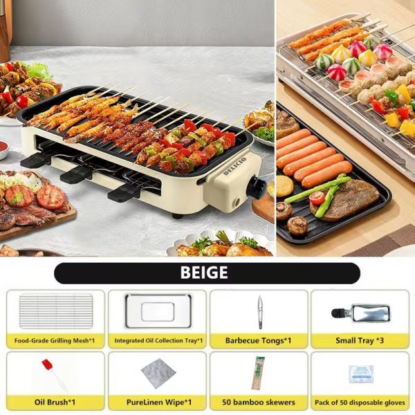 DELICIO 15.7-Inch Electric Indoor Grill, Non-Stick Countertop Barbecue Grill for Indoor Cooking, Smokeless Wood-Free Operation, Ideal for Small Families