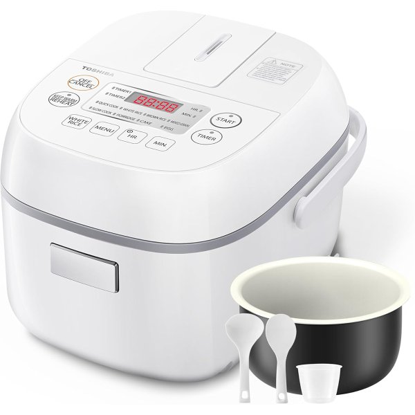 Toshiba Mini Rice Cooker, 3 Cups Uncooked Small Rice Cooker, Steamer &amp; Warmer, With Fuzzy Logic And One-Touch Cooking, 24 Hour Delay Timer And Auto Keep Warm Feature, White