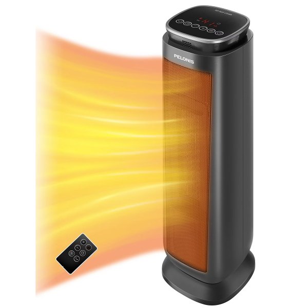 Pelonis Tower Heater, Ceramic, Fan-Forced, Timer, Portable, Quiet, Black