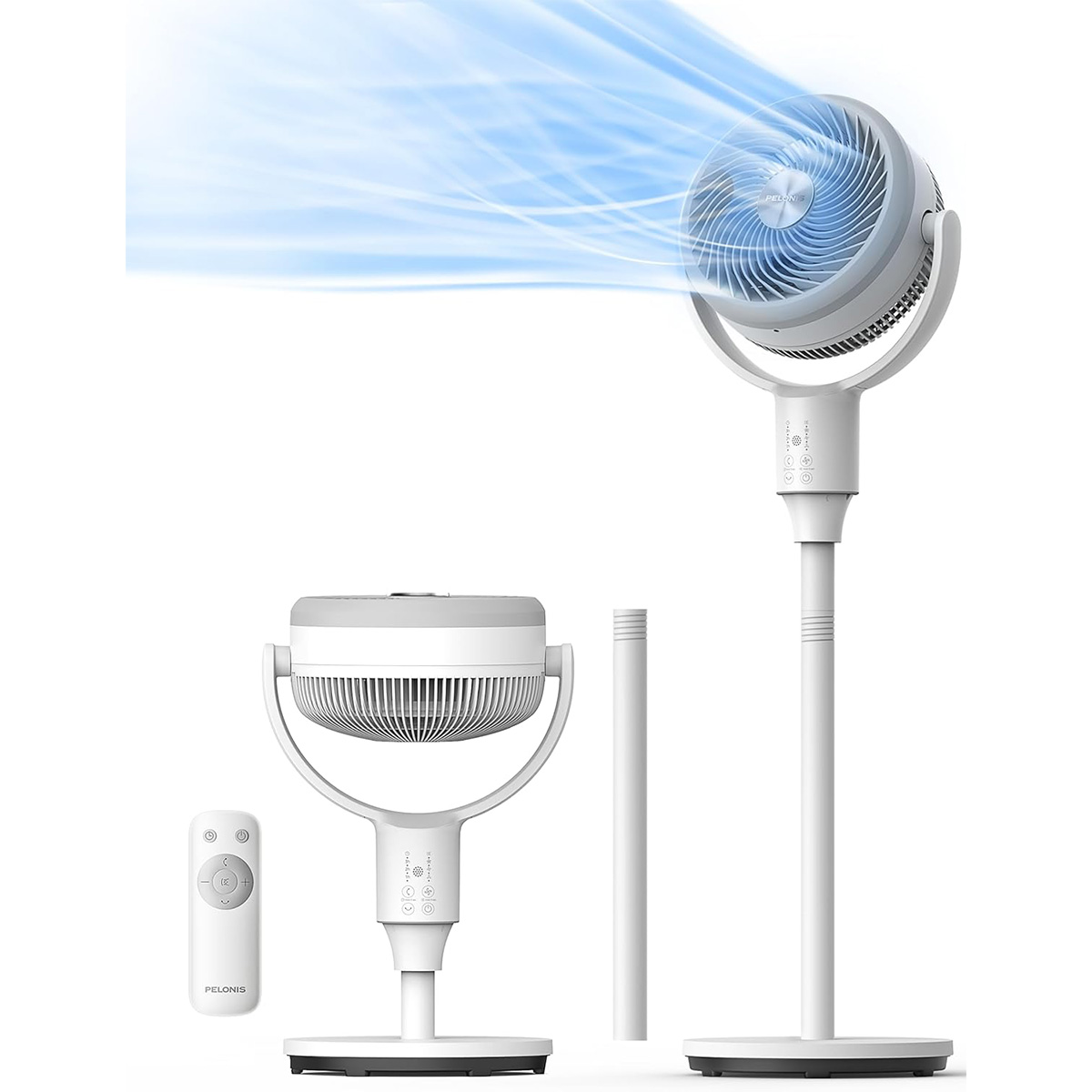 Pelonis Pedestal Fan, Air Circulator, Ultra OmniFlow (135°+90°Auto Oscillation), Quiet Floor Fan with 3 Speeds, Remote, 7H Timer, Memory Function, Adjustable Height, Standing Fan for Bedroom