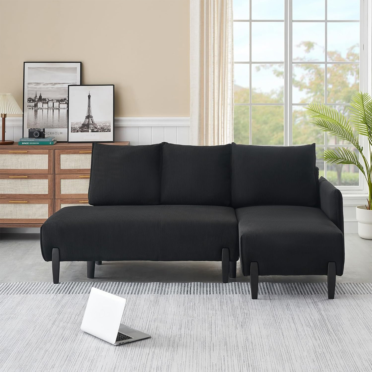 Corduroy Sofa Fabric, with Three Matching Pillows and Spacious and Comfortable Seats, for Apartment Office Living Room,for Living Room Black