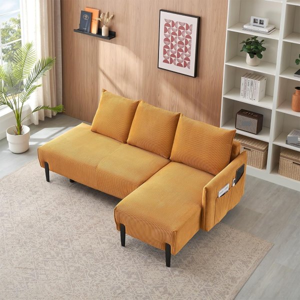 Corduroy Sofa Fabric, with Three Matching Pillows and Spacious and Comfortable Seats, for Apartment Office Living Room,for Living Room Yellow