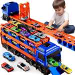 PEADUCK Toy Truck, 78-Inch Race Track Transport Vehicle and 12 Die-Cast Metal Toy Cars