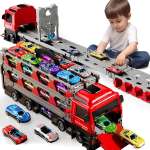 PEADUCK Toy Truck, 78-Inch Race Track Transport Vehicle and 12 Die-Cast Metal Toy Cars