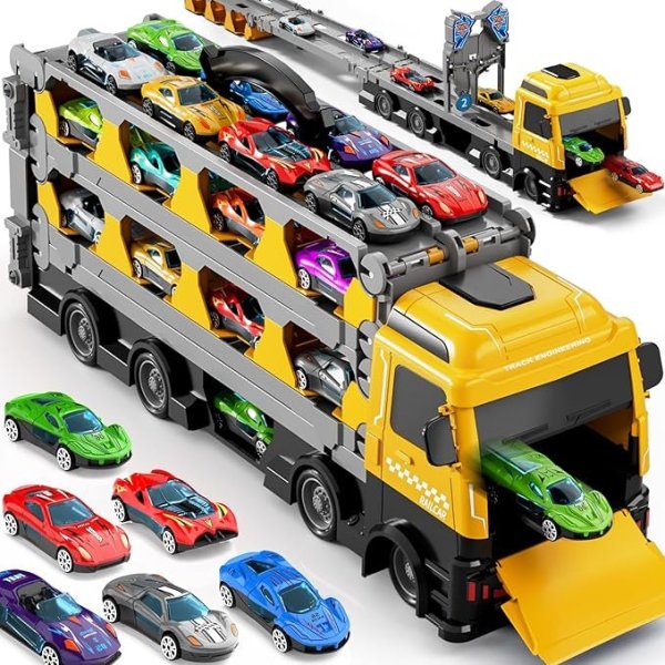 Ci Vetch 78-Inch Cars Trucks Toys, Transport Truck Toy with 24 Pcs Die-Cast Cars