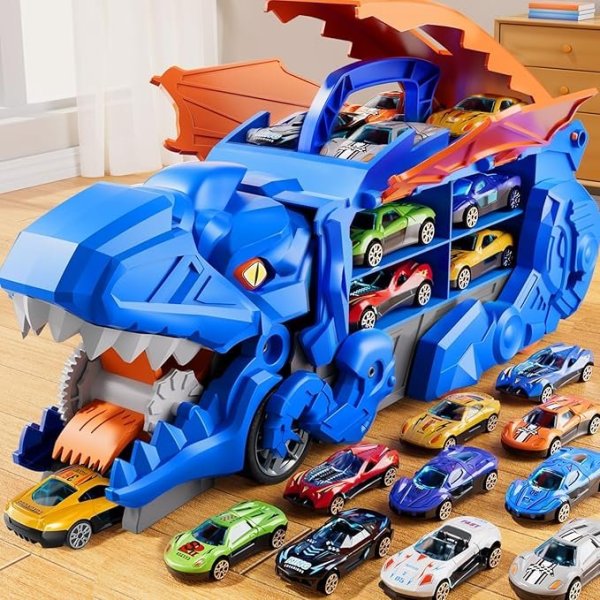 Dinosaur Planet Deformed Dinosaur Boy Truck Toy with 10 Diecast Racing Cars Dinosaur Transport Car with Wings