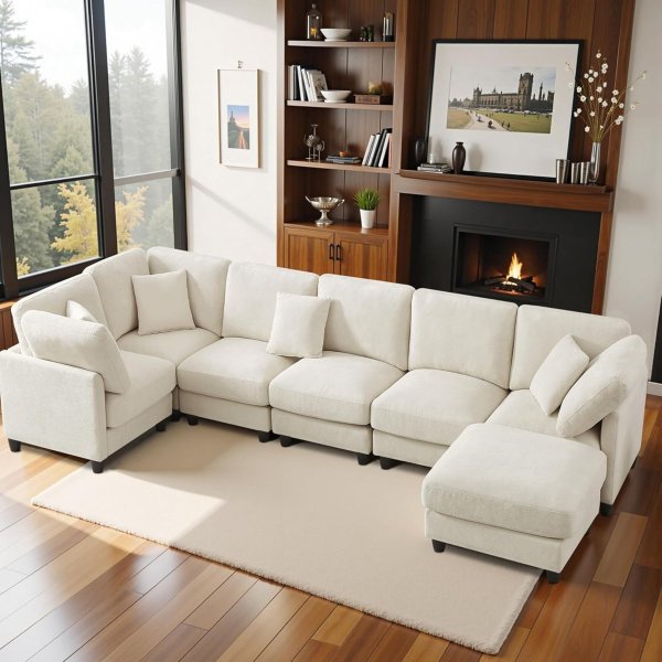 Mega Lounge Sectional 7-pc Beige/White