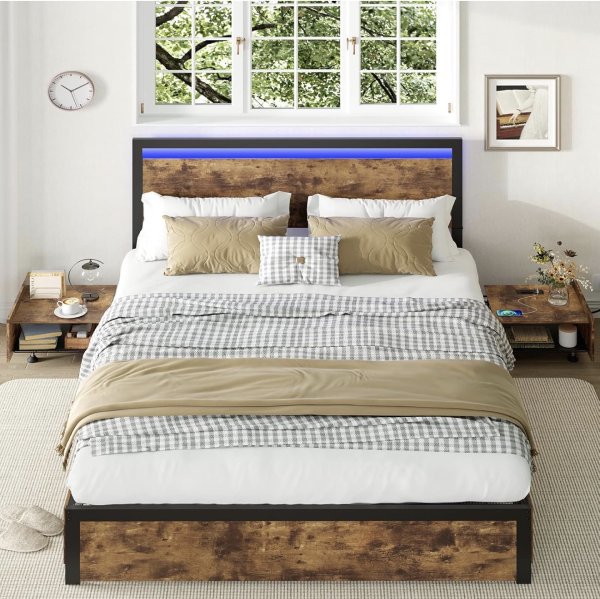 Full Bed Frame with 2 Nightstands and 4 Storage Drawers, LED Smart Bed Frame with Headboard and Charging Station, Metal Platform Bed Frame, No Box Spring Needed, Noise Free, Black